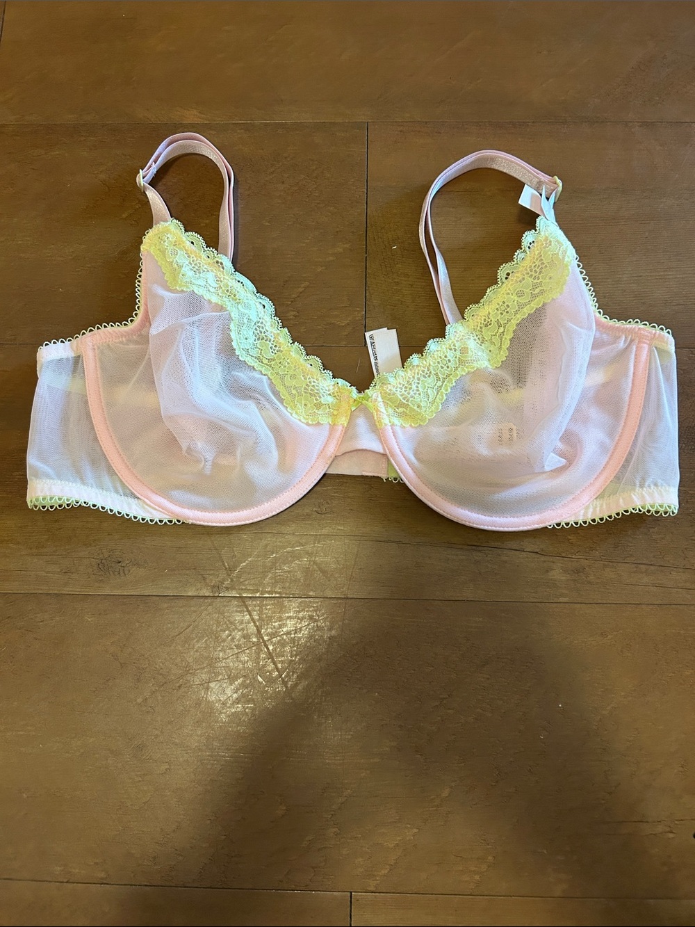 Victoria's Secret Pink Mesh Underwire Bra with Yellow Lace Trim